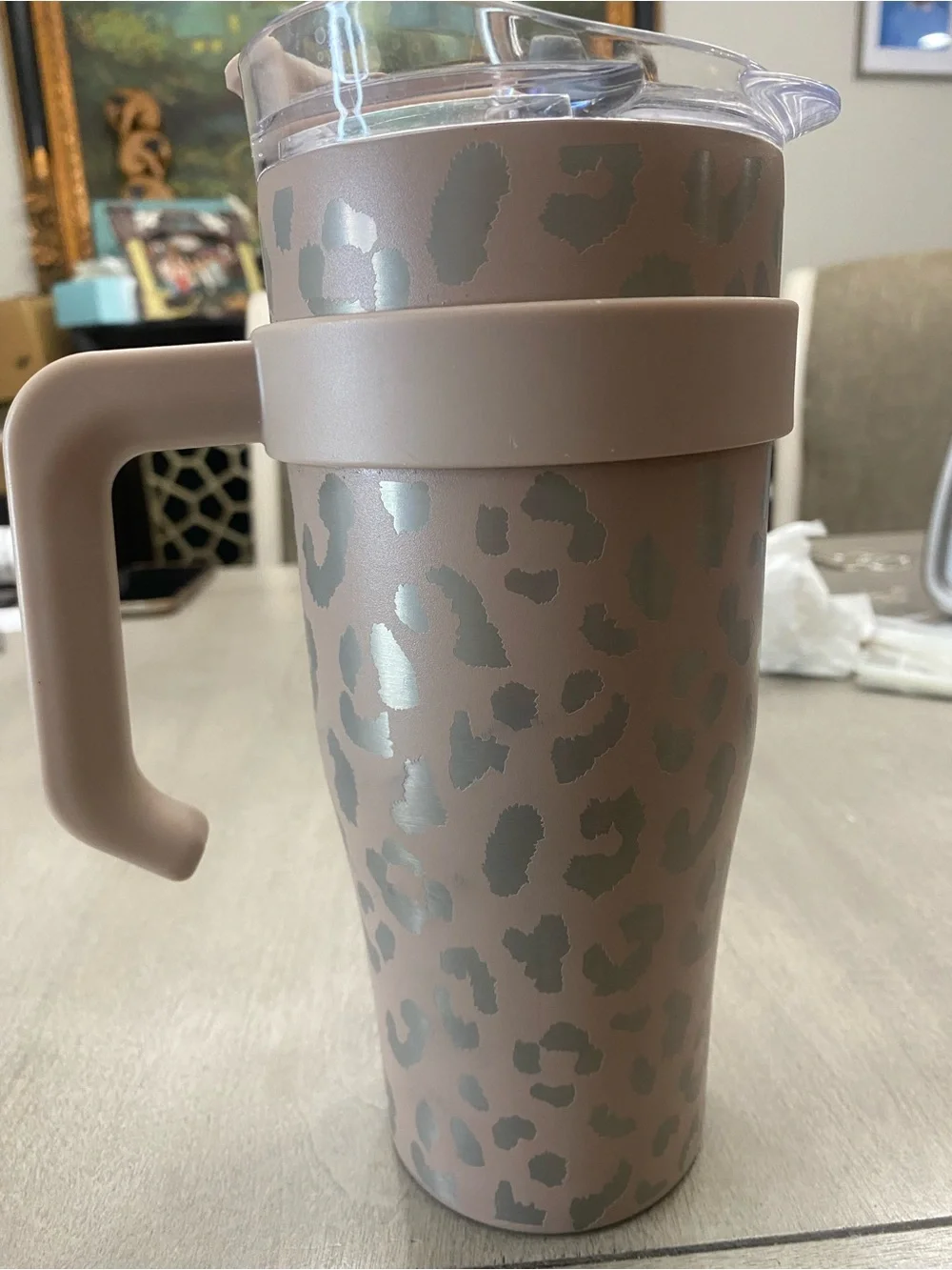 Taupe Leopard Travel Mug with Handle - Insulated Coffee Tumbler